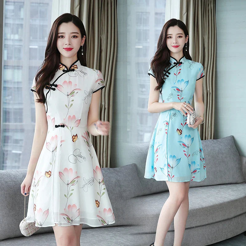 2023 Summer New Modern Improved Cheongsam Chiffon Printing