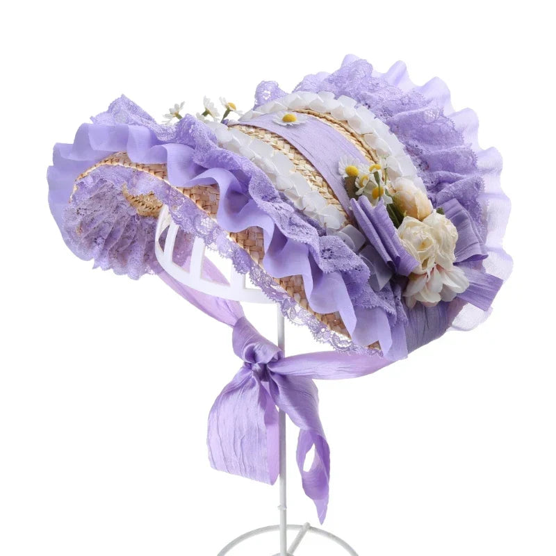 Japanese Lolita Sweet Handmade Straw Sun Hat Lace