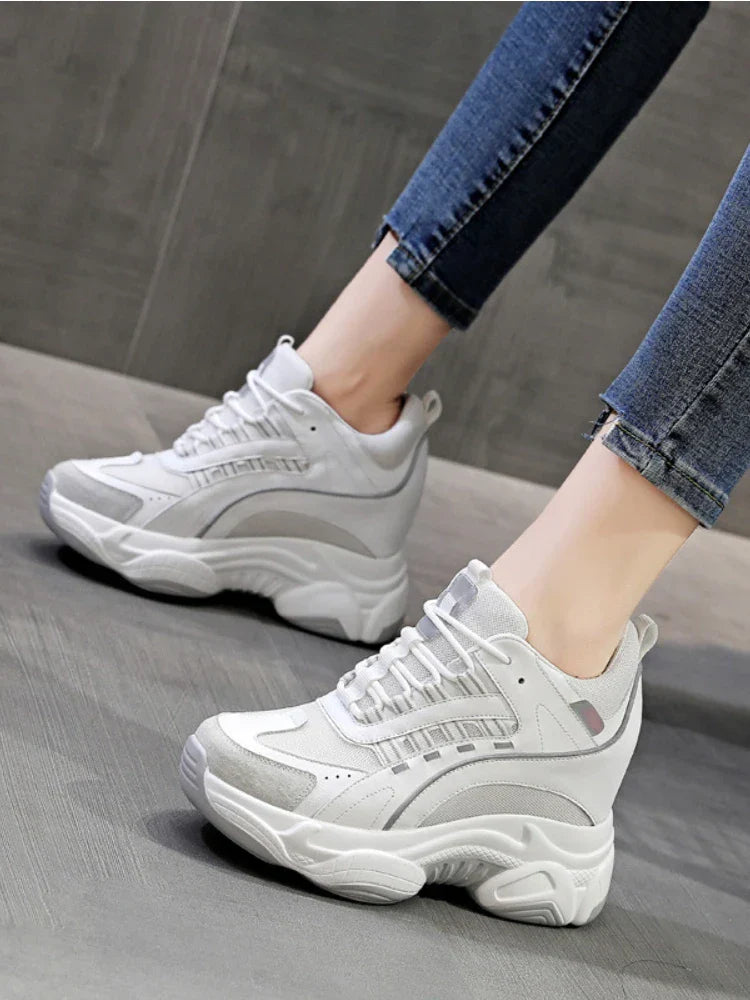 Fujin 9cm Platform Wedge Sneakers Chunky Shoes 9cm Hidden Heel Za Fashion Genuine Leather Comfy Breathable Vulcanized Shoes