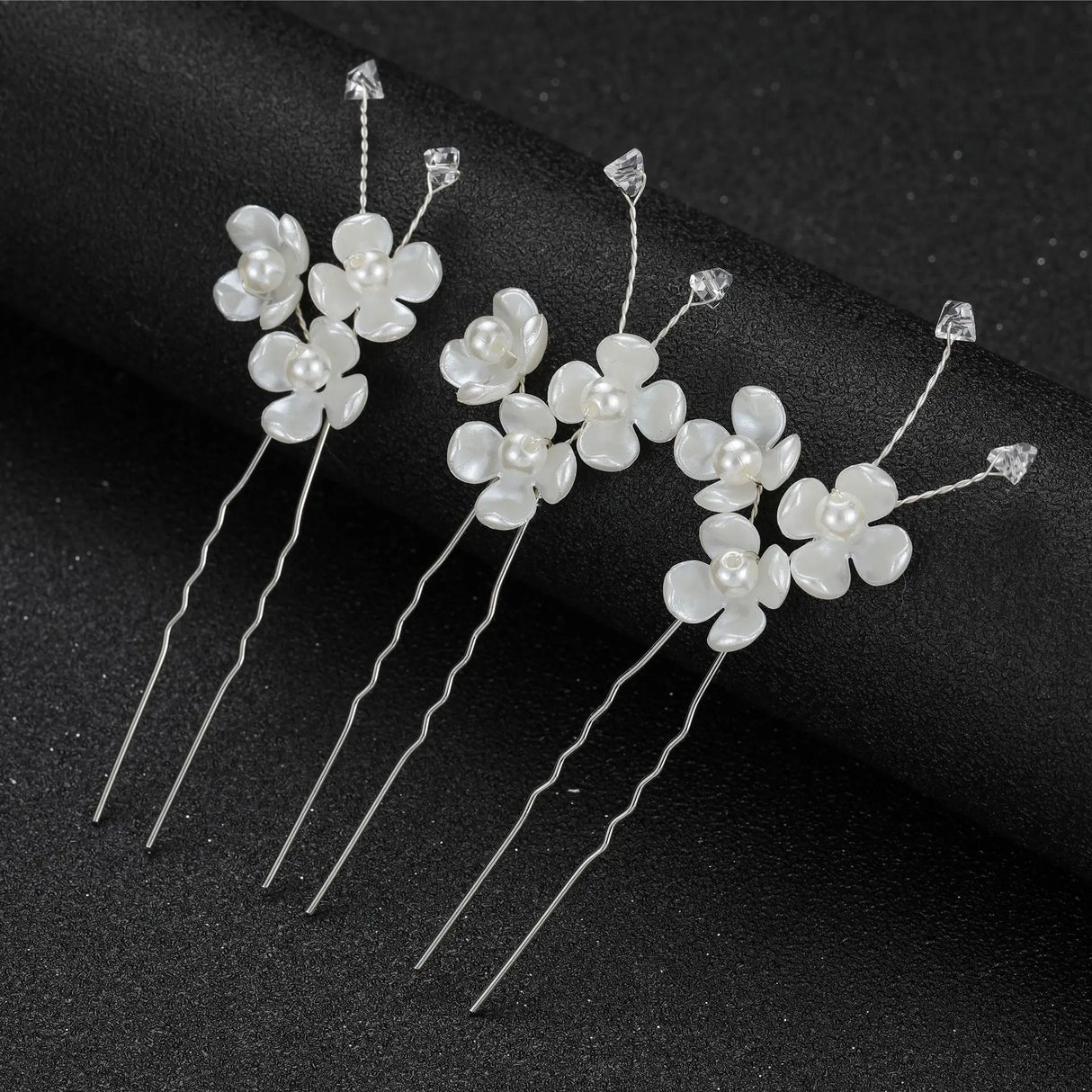 3pcs White Flower U Shaped Hairpin Pearl Elegant