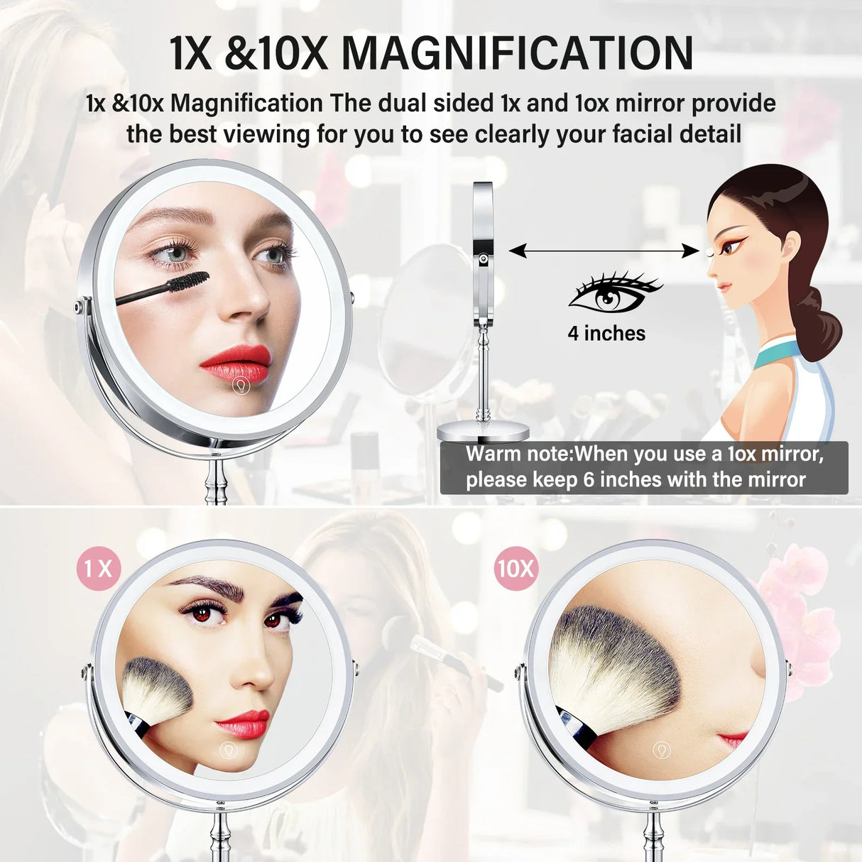 Makeup Mirror With Light Lamp 10x Magnifying Desktop