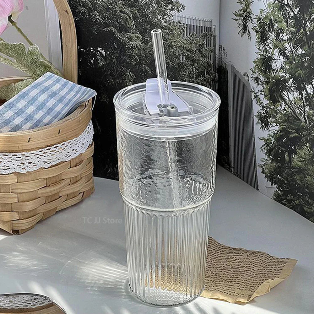 600ml Stripe Glass Cup Transparent Glasses With Lid