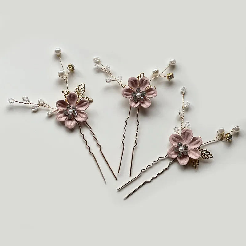 3pcs White Flower U Shaped Hairpin Pearl Elegant