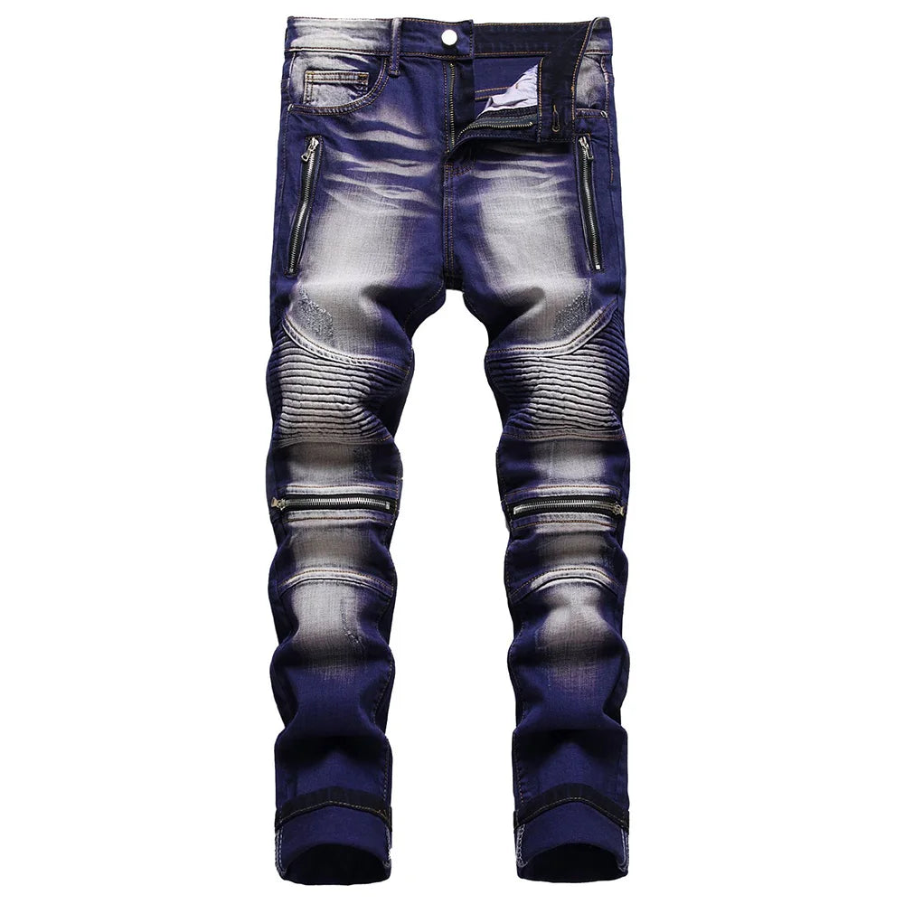 Men Stretch Denim Biker Jeans Streetwear Zippers Pleated