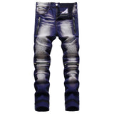 Men Stretch Denim Biker Jeans Streetwear Zippers Pleated