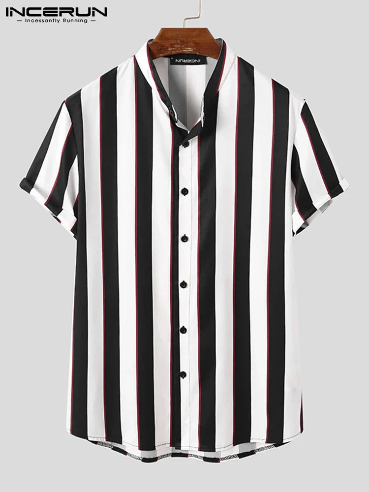 INCERUN Fashion Men Striped Sets Streetwear Lapel Short