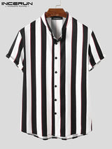INCERUN Fashion Men Striped Sets Streetwear Lapel Short