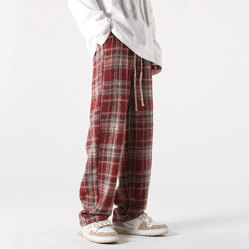 Men Checkered Casual Pants Loose Straight Corduroy Pants