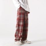 Men Checkered Casual Pants Loose Straight Corduroy Pants