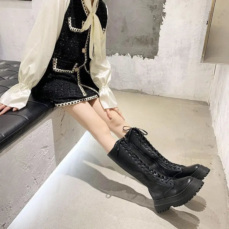 Women Motorcycle Boots Wedges Flat Shoes Woman High