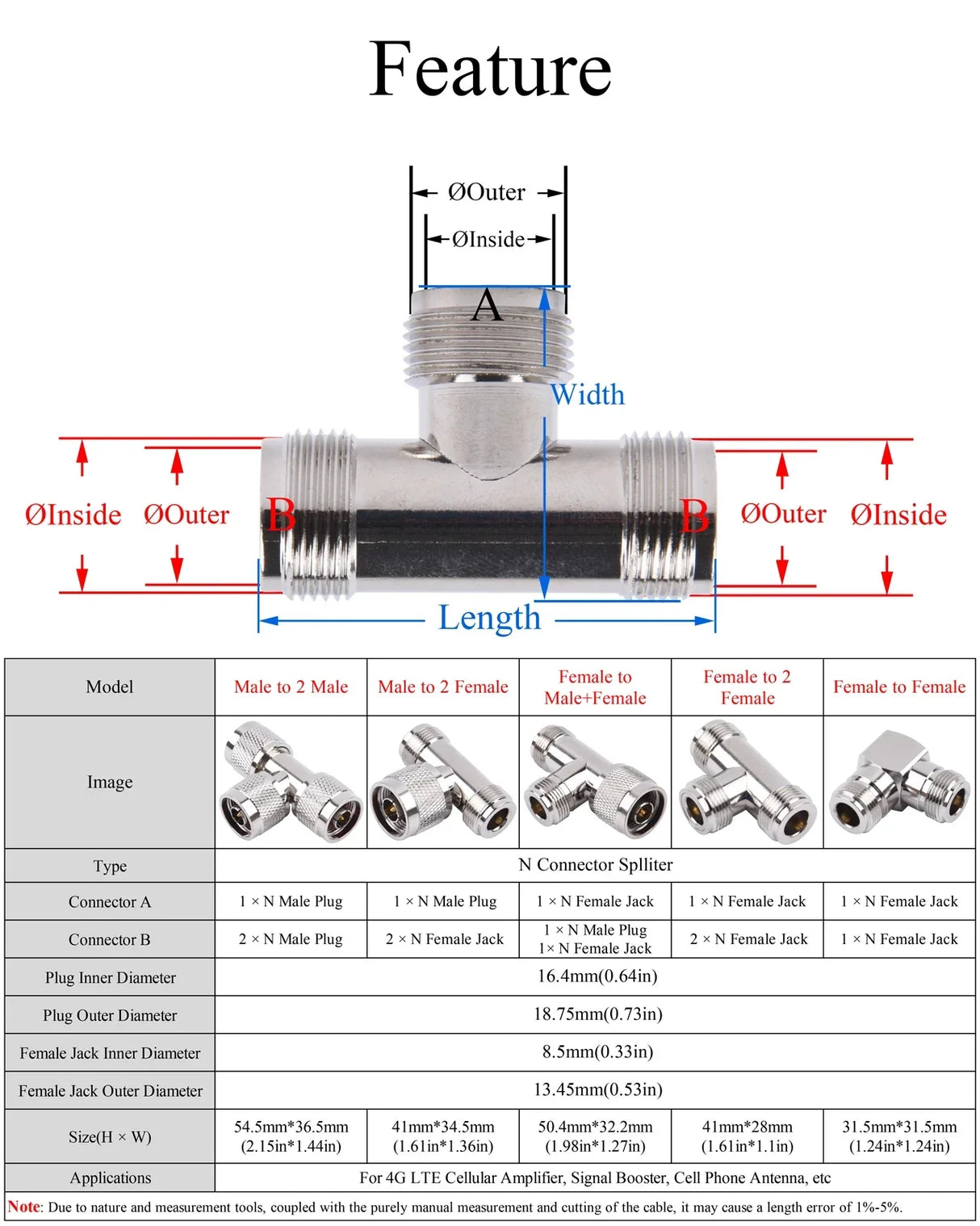 1PC RF Coaxial Connector Splitter N Male/Female to