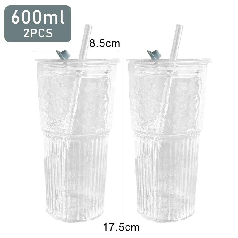 2pcs 600ml Stripe Glass Cup with Lid and