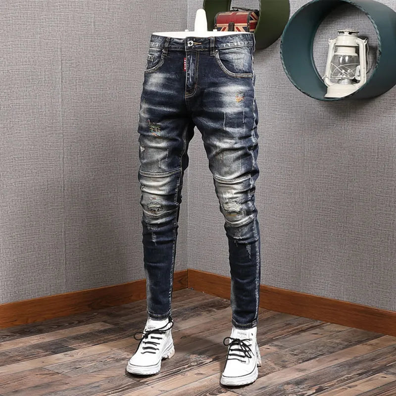 Fashion Streetwear Men Jeans Retro Black Blue Elastic