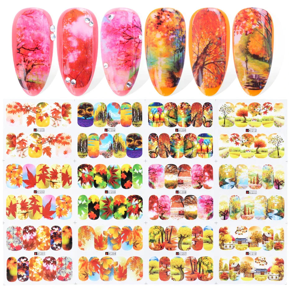 12pcs Hedgehog Animal Nail Water Stickers Pine Cones