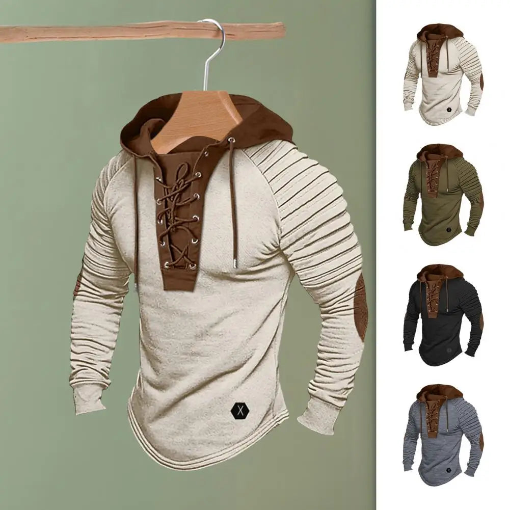 Men Hooded Sweatshirt Vintage Lace-up Drawstring Men's Hoodie