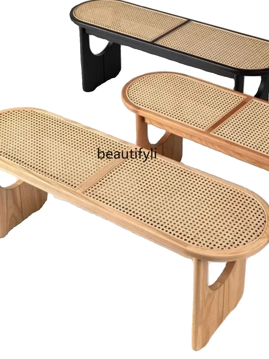 Nordic Solid Wood Rattan Shoes Changing Bench Log