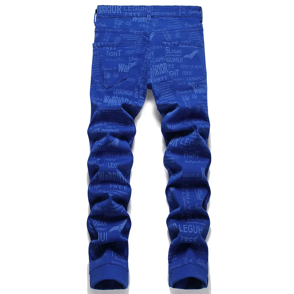 Rock punk style design Men Blue Printed Jeans