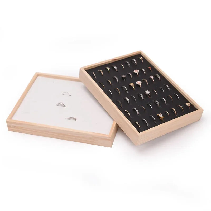 Wood 48 Grids Rings Tray Jewelry Showcase Storage