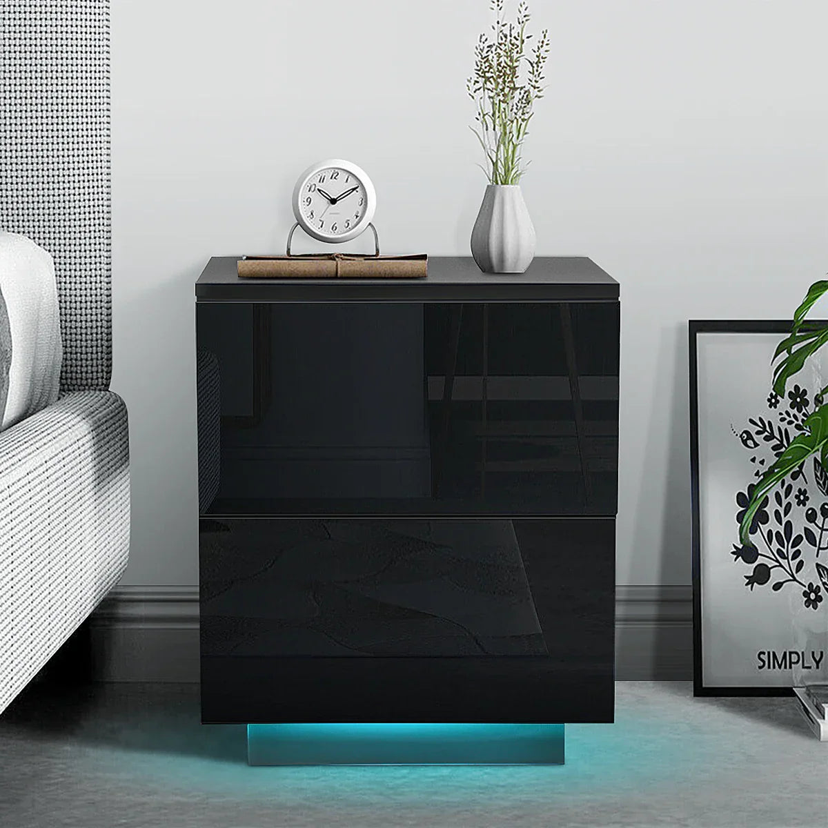 Modern Luxury LED Light Nightstand w/2 Drawers Organizer
