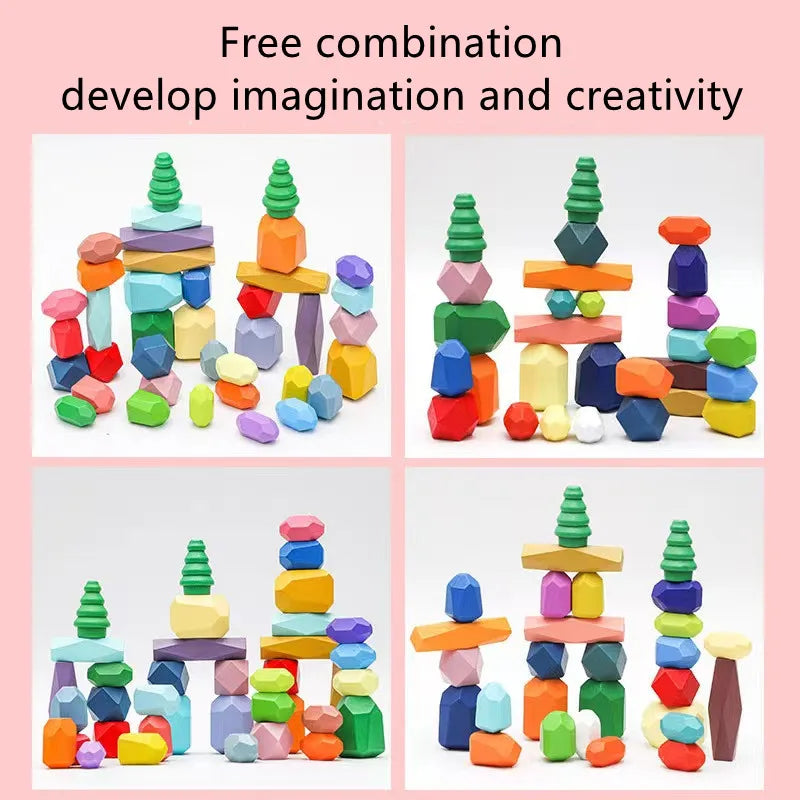 Montessori Rainbow Wooden Stone Stacking Blocks Stapelstenen Balans