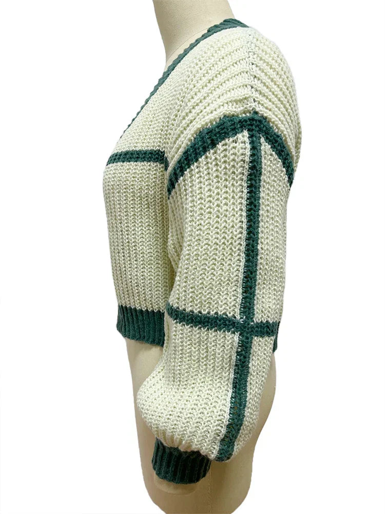 Autumn Winter Color Contrast V-neck Lady Knitting Cardigan