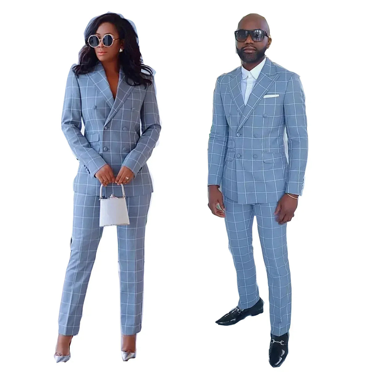 Blue Suits for Couple Plaid Pattern Double Breasted