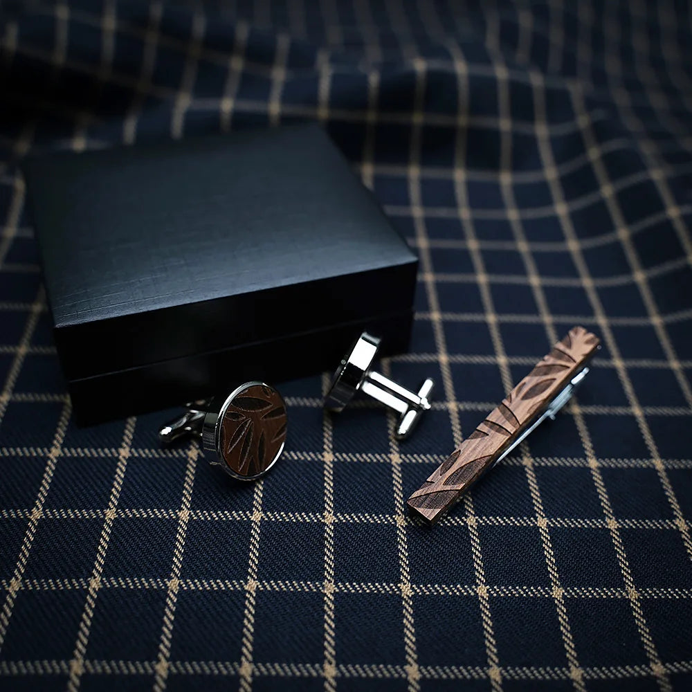 French Cufflinks Tie Clip Set Square Grid Round
