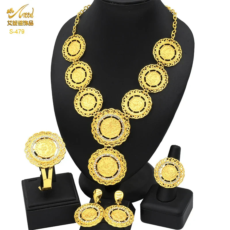 African 24K Gold Color Coins Necklace Bracelet Sets