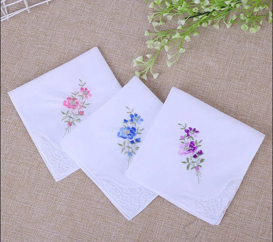 DHL200pcs Handkerchief Cotton Floral Embroidery Lace Edge Square