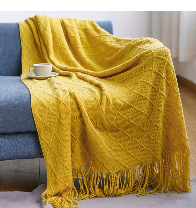 Textured Knitted Throw Blankets with Tassels Cozy Woven