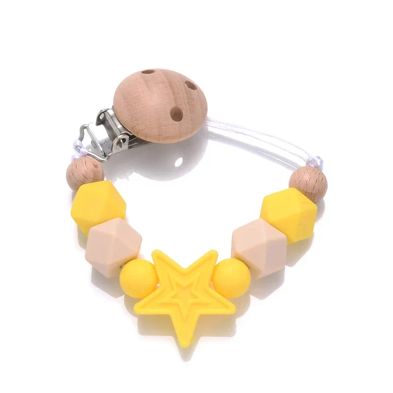 Baby Pentagram Silicone Beads Pacifier Chain Wooden Teether