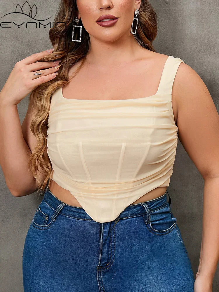 EYNMIN Plus Size Solid Sexy Mesh Cropped Tank