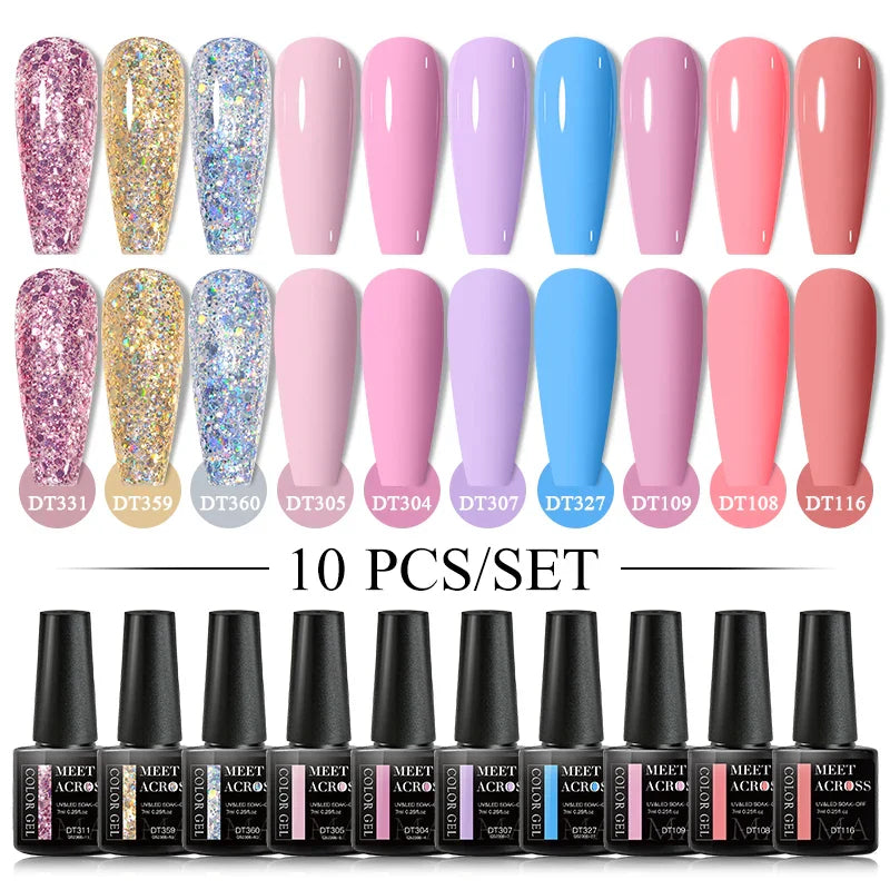 10Pcs Nude Glitter Gel Nail Polish Set Purple