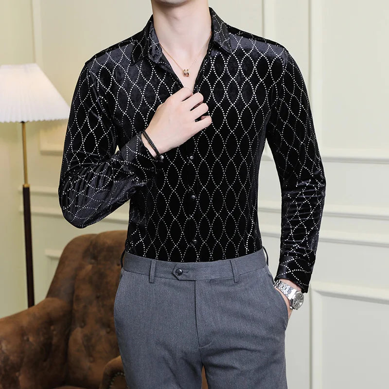 Men's Shirts Autumn Winter Luxury Velvet Social Shirt