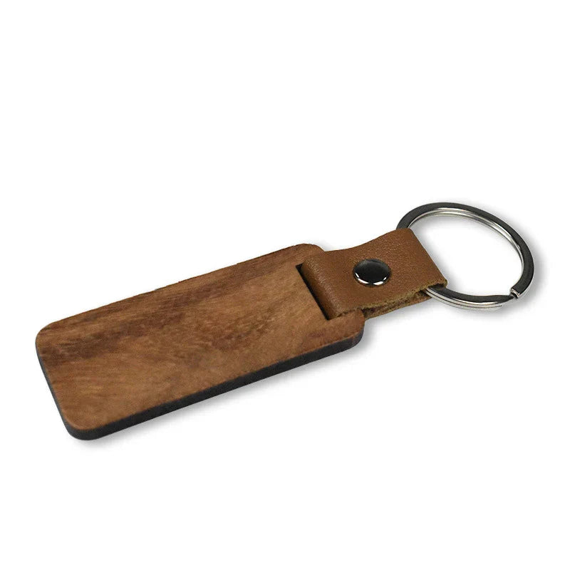 50Pcs Rectangular Wood Keychains Blank PU Leather Keyrings