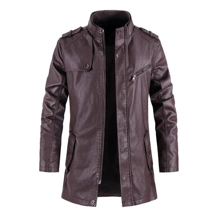 Winter Men's Thick Fleece Leather Jacket Coat Long