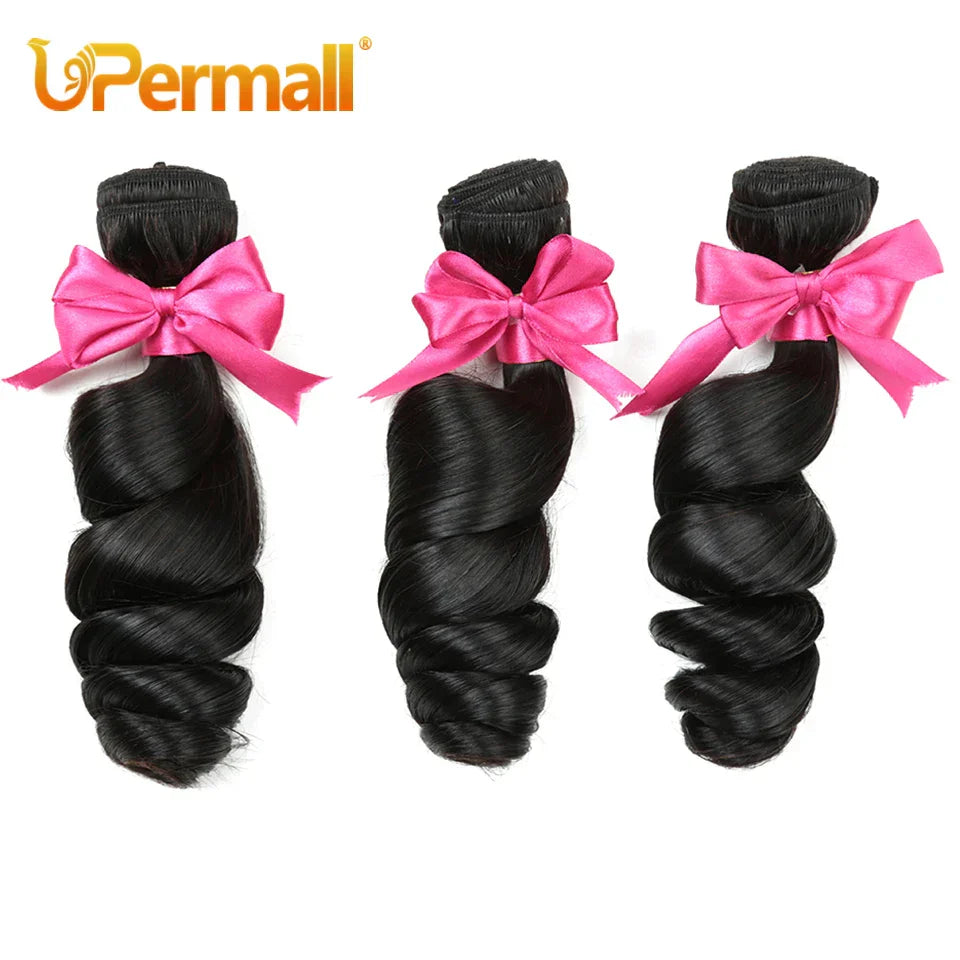 Upermall 3/4 Loose Wave Bundles with Closure Brazilian