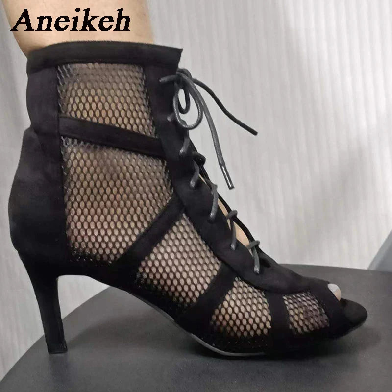 Aneikeh 7CM Middle Heel Dance Hollow Out Ankle