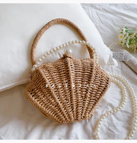 Shell rattan straw woven diagonal cross small bag,