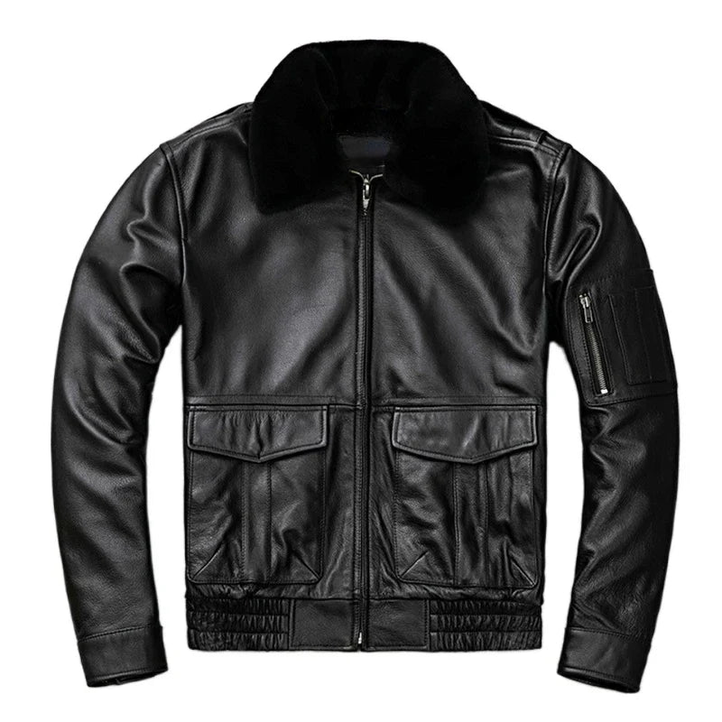 Removable Natural Fur Collar Genuine Cow Leather Jacket