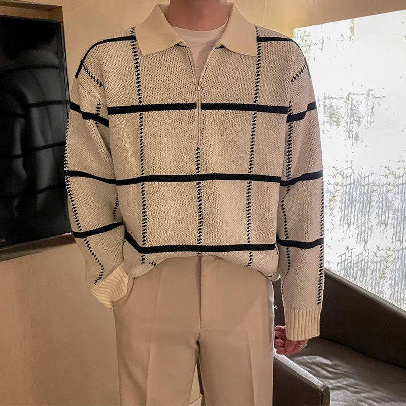 Plaid lapel Knitted Polo Shirt Men's Autumn and