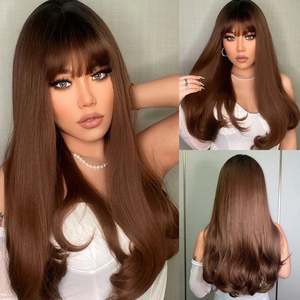 ALAN EATON Chestnut Brown Wavy Synthetic Wigs with