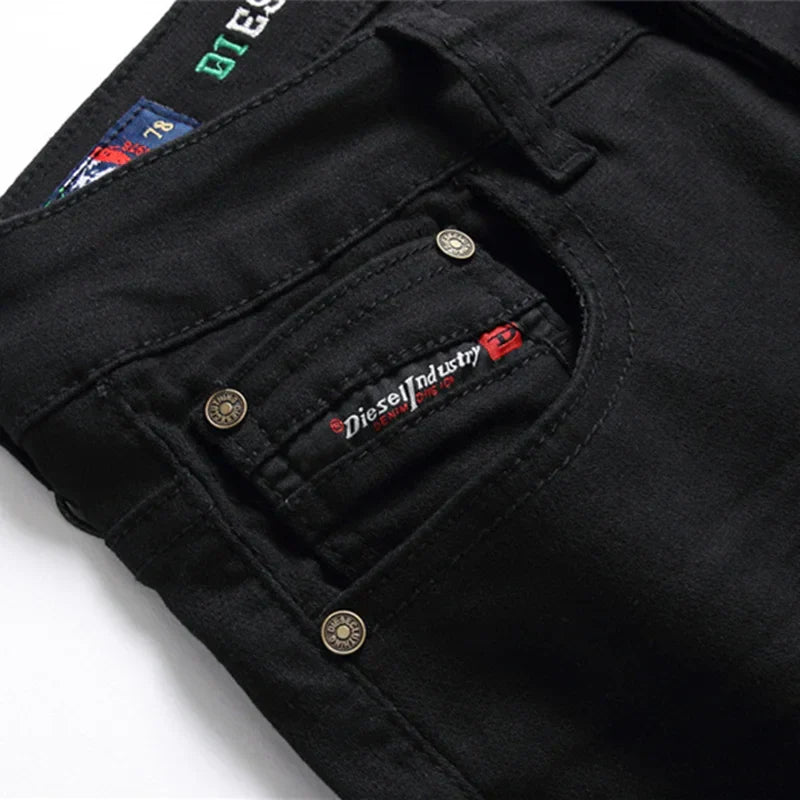 Hot Men's Black jeans Simple Trend Stretch Slim Pencil Pants High Quality Solid Color Mid-Waist Embroidered Brand Trousers