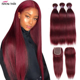 99J Straight Bundles With Closure Burgundy Human Hair