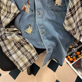 Men's Plaid Stitching Denim Shirt Women's Autumn New