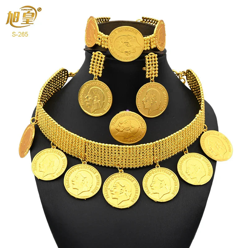 African 24K Gold Color Coins Necklace Bracelet Sets