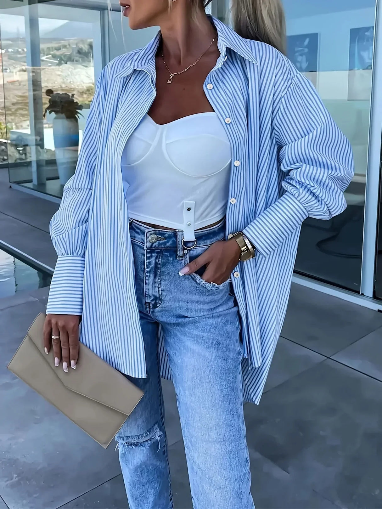 Plus Size Women Asymmetric Striped Long Sleeve Shirt