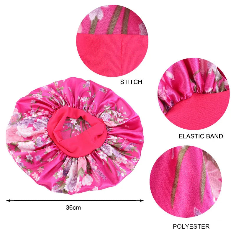 2PCS/LOT Large Satin Printed Wide-Brimmed Nightcap Elastic Head