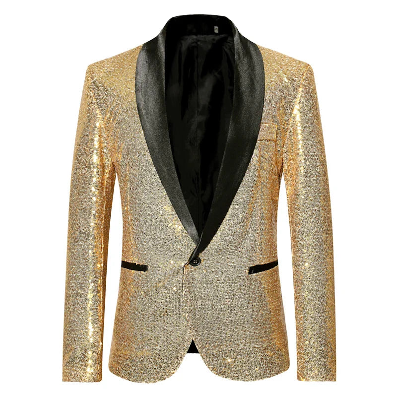 Shiny Gold Sequin Glitter Embellished Blazer Jacket Men