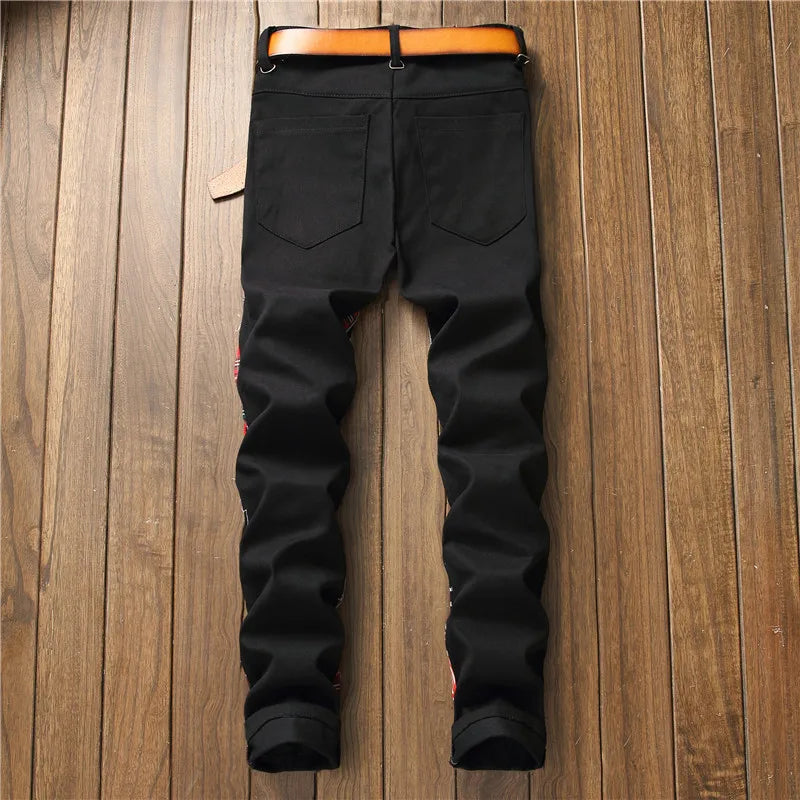 Men's Black Jeans Men's Fashion Punk Patchwork Street Jeans Men's Stretch Street Hip Hop Slim Fit Holes Punk Denim Cotton Pants